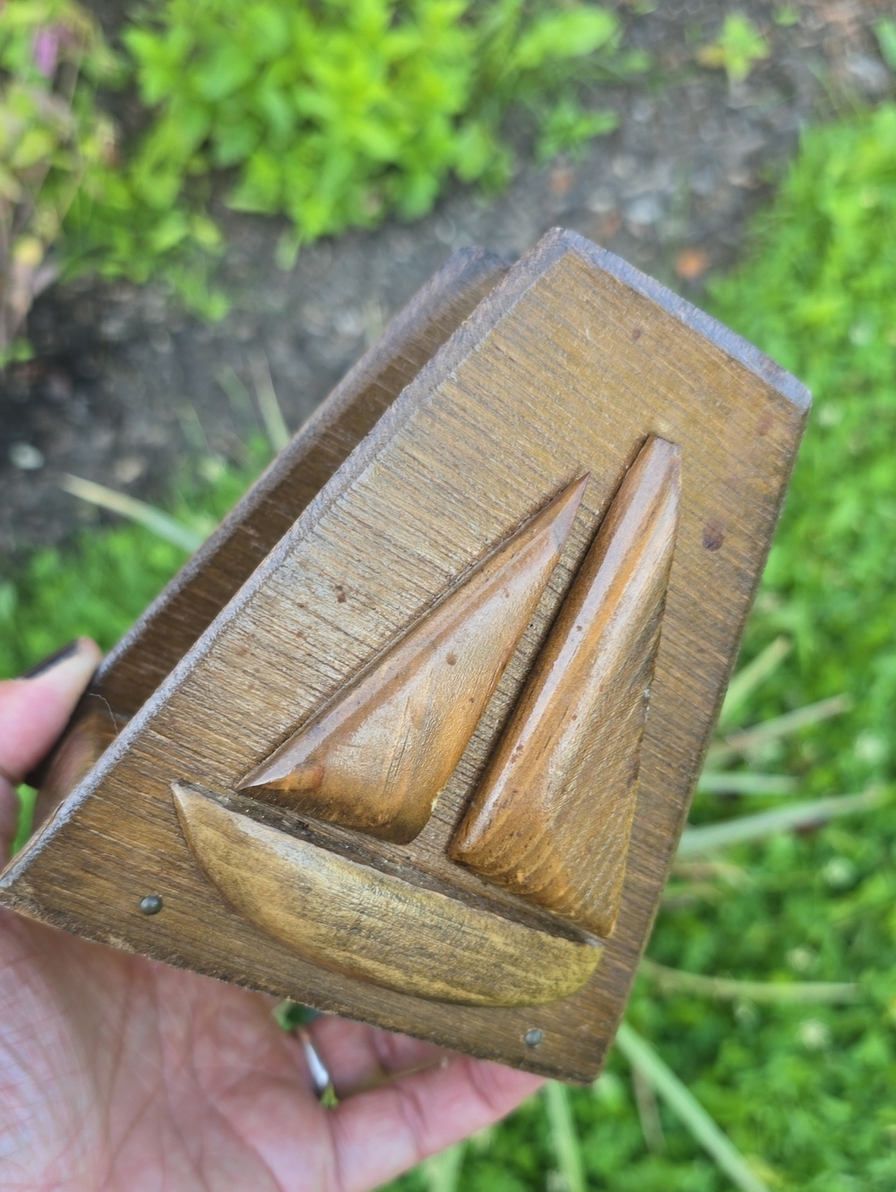Vintage Hand-Carved Wooden Sailboat Napkin Holder Prision Made Maine Folk Art